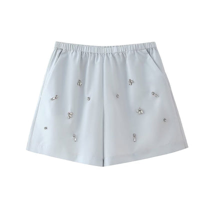 Autumn Arrival Women Artificial Jewelry Decoration Shirt Shorts Set