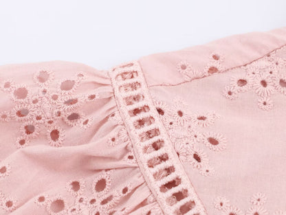 Women Clothing Casual Hollow Out Cutout Embroidered Shirt