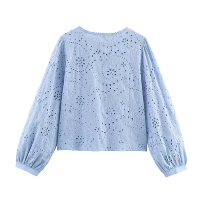 Women Clothing Autumn Hollowed out Embroidered Shirt