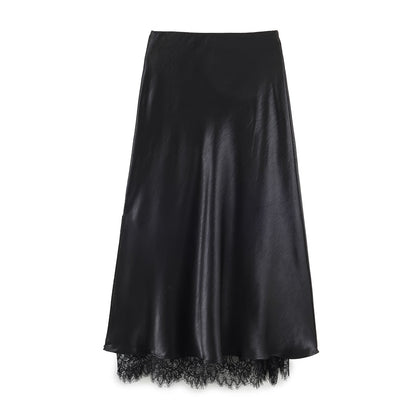Satin Acetate Lace Patchwork Slit Skirt Long Skirt