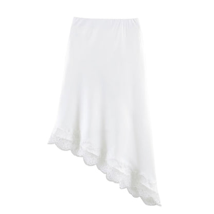 Women Clothing Spring Sexy Satin Acetate Lace Stitching Irregular Asymmetric Skirt