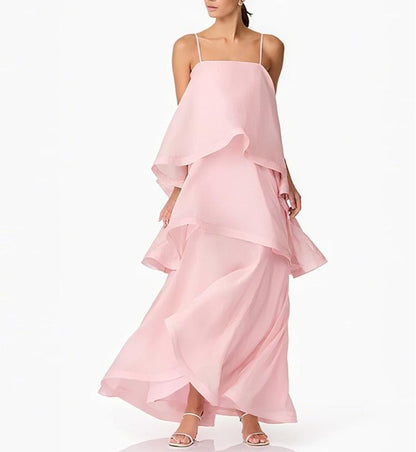 Fashionable Elegant Pink Multi Layer Wave Ruffled Spaghetti Straps Dress