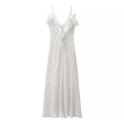 Women Clothing Autumn Sexy V neck Backless Wave Organ Ruffled Spaghetti Straps Dress