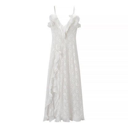 Women Clothing Autumn Sexy V neck Backless Wave Organ Ruffled Spaghetti Straps Dress