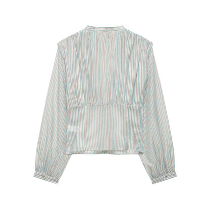 Women Clothing Top Product V neck Casual Stripes Waist Trimming Shirt