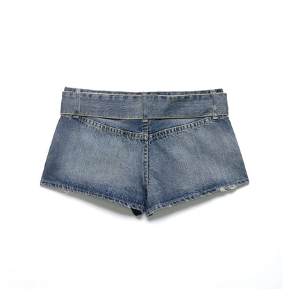 Women Clothing Summer Retro Belt Ripped Denim Shorts