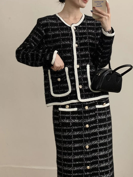 Tweed Contrast Trim Jacket and Skirt Set