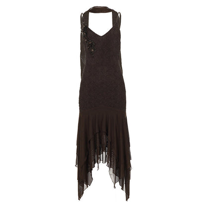 Artistic Applique Irregular Asymmetric Lace Scarf V neck Dress Backless Sexy Waste Soil Cami Dress