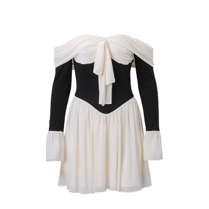 Women Clothing Fall Sexy off Shoulder French Royal Waist Controlled Bell Sleeve Dress