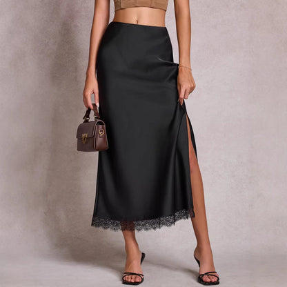 Women Clothing Satin Skirt Lace Split High Waist Elastic Sexy Sheath Skirt