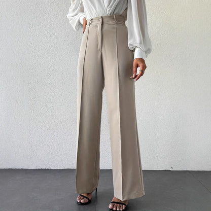 High Waist Slimming Straight Casual Trousers Side Pocket French Office Business Trousers