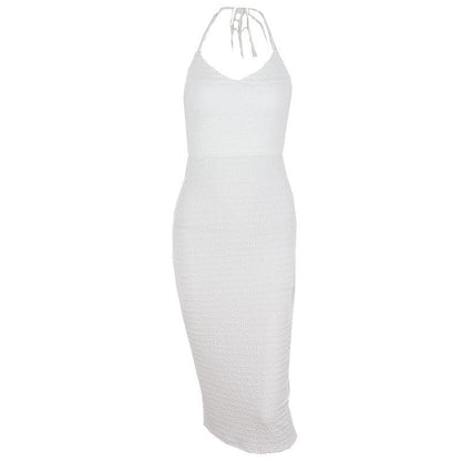 Autumn Sexy Low Cut V Neck Hollow Out Cutout Backless Halter Lace up Mid Length Split Dress Women