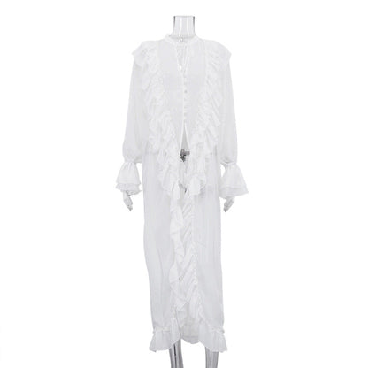 Women Clothing Design Ruffled Chiffon Dress Sexy Sheer Long Sleeve Single Breasted Sexy Dress