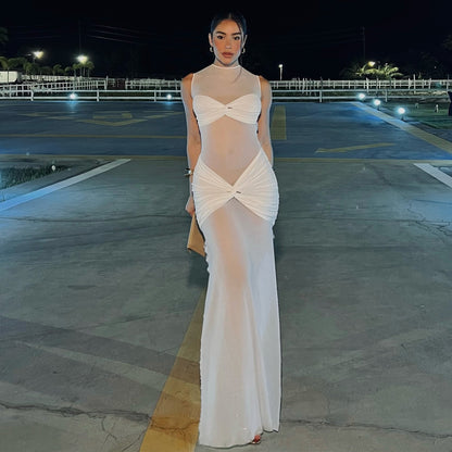 Spring Evening Sheer Mesh Sexy Solid Color Sheath Women Dress