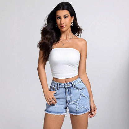 Women Clothing Casual Fashionable Frayed Hem Denim Short