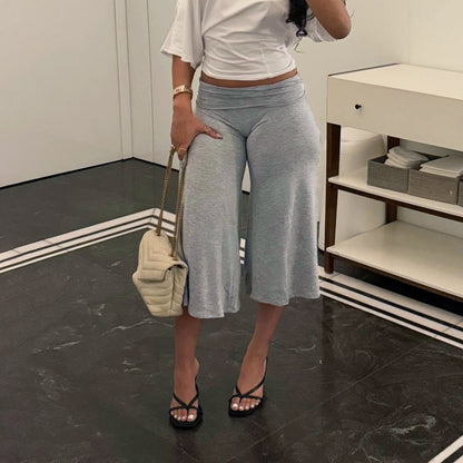Casual Sports Cropped Pants Retro Waist Solid Color Simple Straight-Leg Pants High Waist All Matching Wide Leg Pants