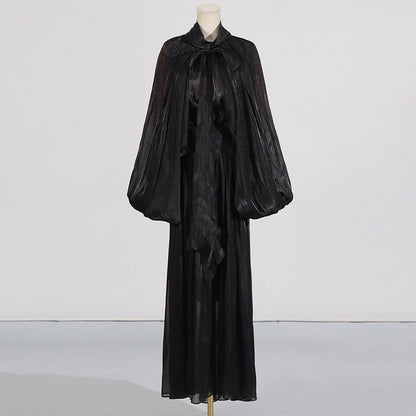 Niche High Grade Maxi Dress Autumn Winter Design Batwing Sleeve Lace up Dress Women