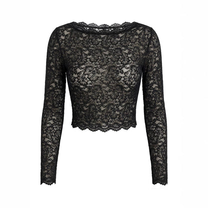 Women Lace Long Sleeved Top Sexy Mesh See through Slim Bottoming Shirt