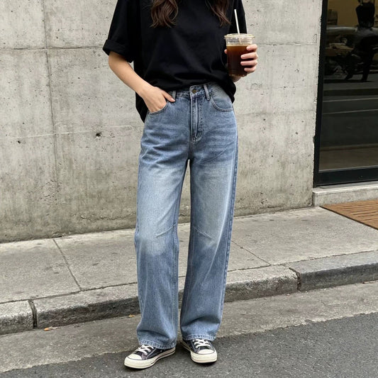 Washed Loose Wide Leg Casual Women Jeans Trousers