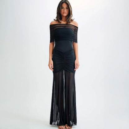 Women Clothing Autumn Tube Top Pleated Mesh Slim Fit Patchwork Dress Two Piece Set