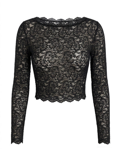 Women Lace Long Sleeved Top Sexy Mesh See through Slim Bottoming Shirt