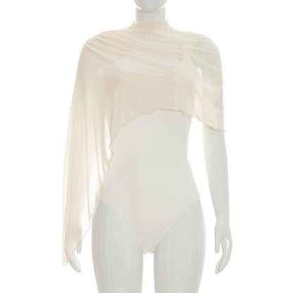 Women Clothing Summer Solid Color Sexy Sleeveless Asymmetric Shawl Mesh Slim Fit Two Piece Set Jumpsuit