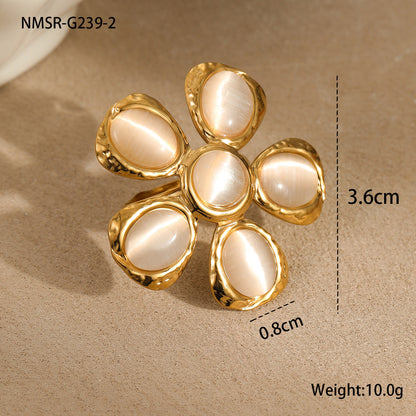 Vintage 18K Gold Stainless Steel High Grade Cat Eye Hammer Pattern Floral Earrings Eardrops