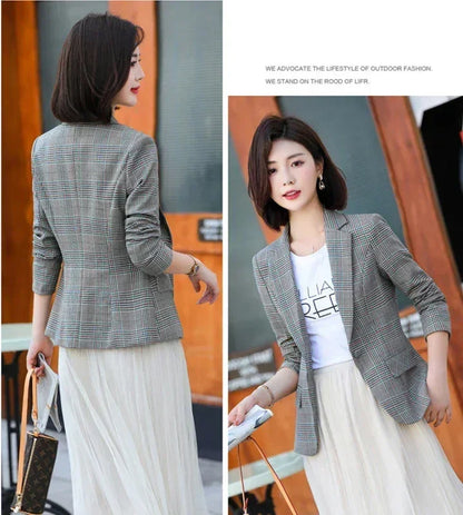 Gray Striped Plaid Blazer Jacket Women's Fashion Slim Coats V-Neck Single Button Ladies Blazers S-XXXXXL