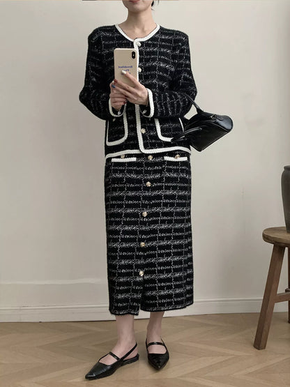 Tweed Contrast Trim Jacket and Skirt Set