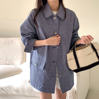 Commuter-style Relaxed-fit Striped Long-sleeve Shirt Jacket