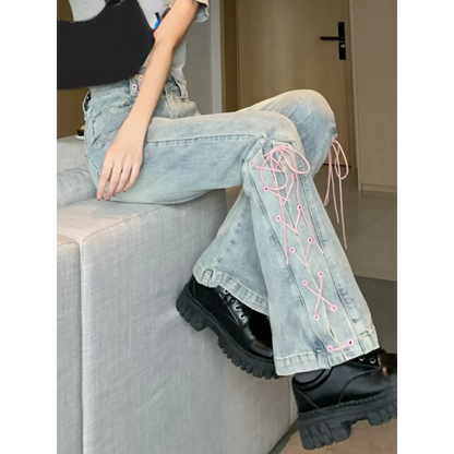 Denim Vintage Harajuku Lace-Up Flare Jeans