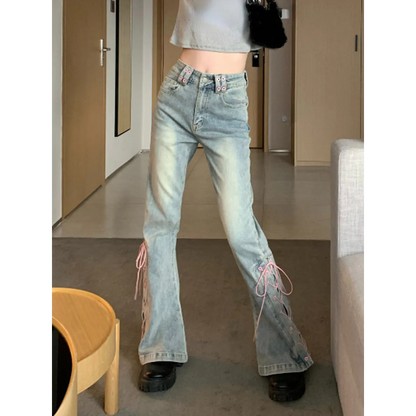 Denim Vintage Harajuku Lace-Up Flare Jeans