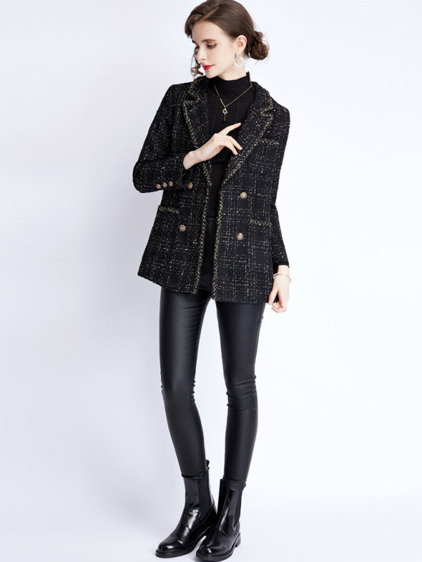 Women's Tweed Blazer Jacket - Long Sleeve - Lapel Collar - Tartan