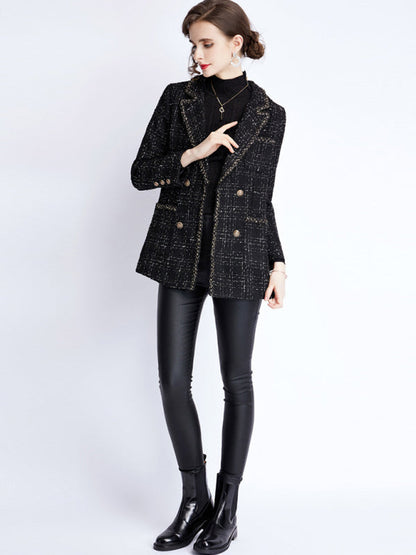 Women's Tweed Blazer Jacket - Long Sleeve - Lapel Collar - Tartan