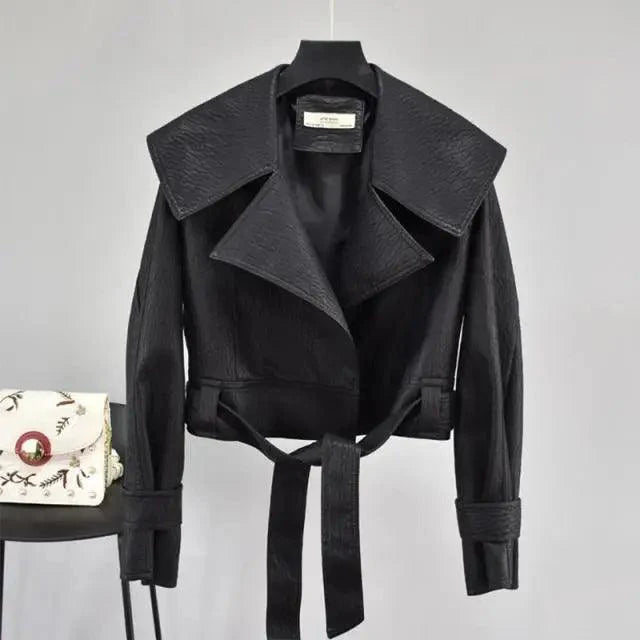 New Elegance Autumn Women's Pu Leather Jackets Short Coat Turndown Collar Belt Lace-up Motorcycle Black Punk Red Overcoat Female Outwear